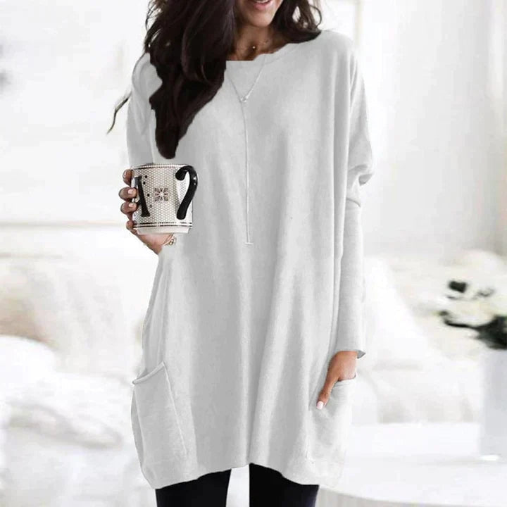 Pull oversize femme col rond à poches et longueur tunique – Blanc