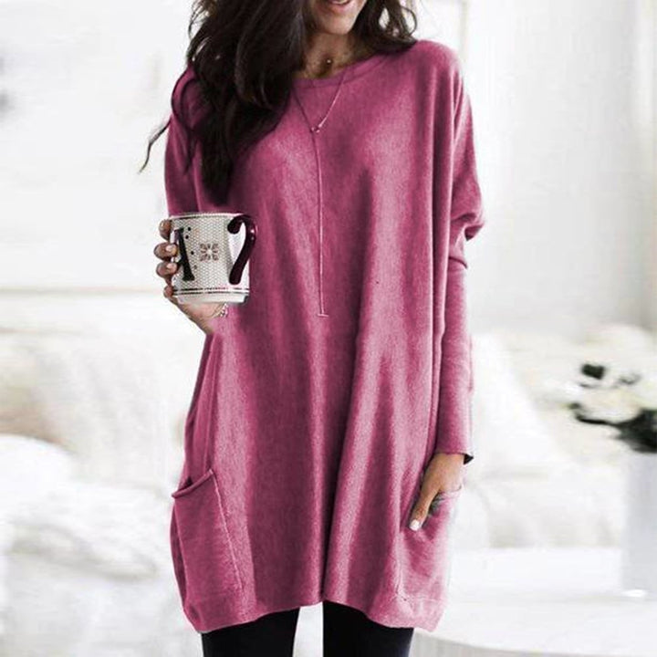 Pull oversize femme col rond à poches et longueur tunique – Rouge cramoisi