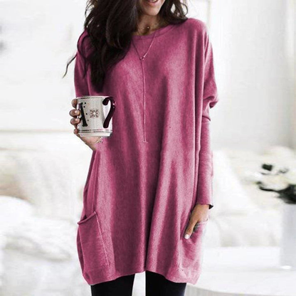 Pull oversize femme col rond à poches et longueur tunique – Rouge cramoisi