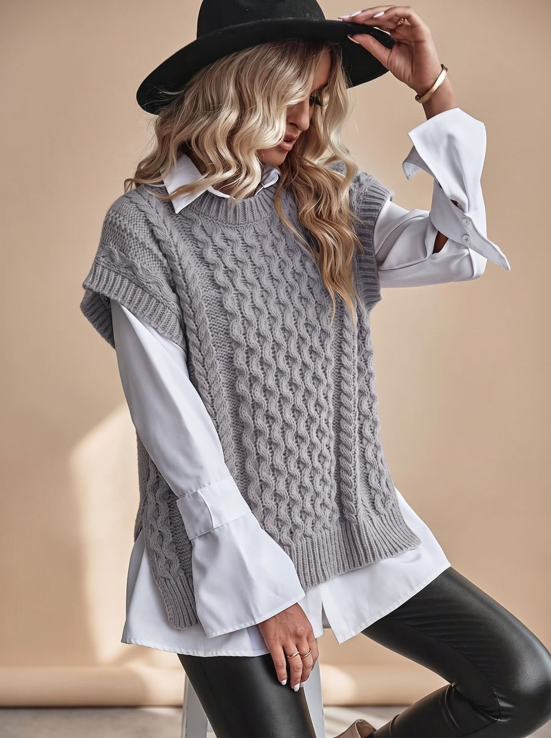 Pull sans manche femme en maille torsadée, coupe décontractée