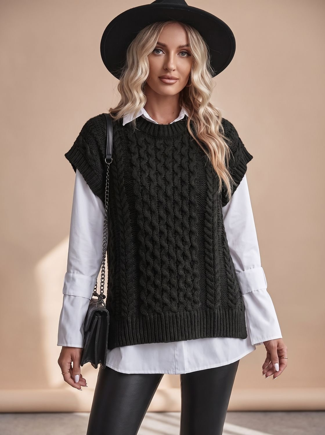 Pull sans manche femme en maille torsadée, coupe décontractée – Noir