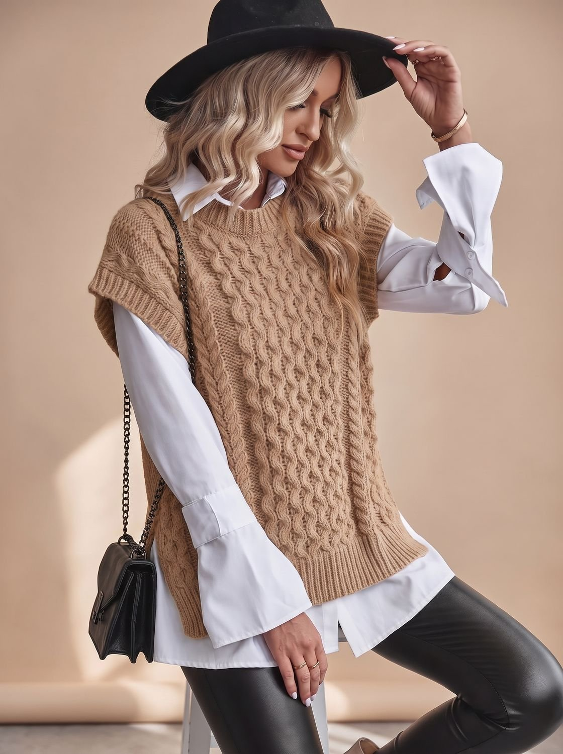 Pull sans manche femme en maille torsadée, coupe décontractée – Kaki