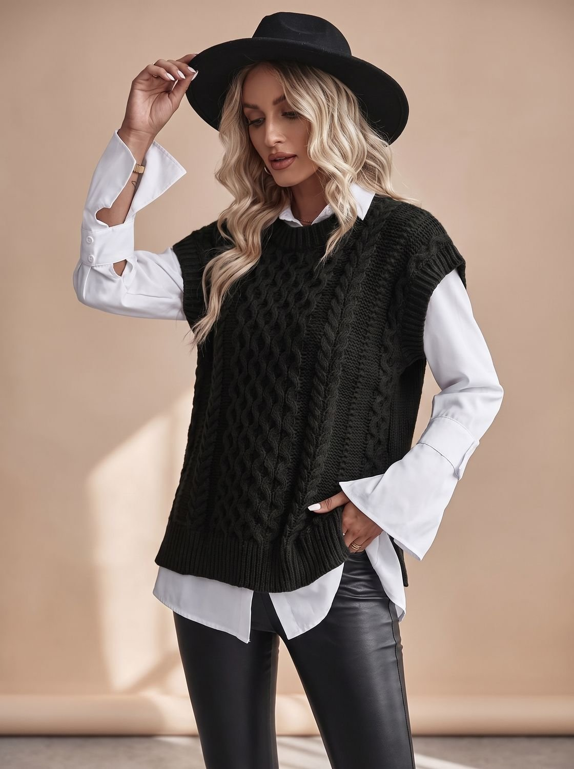 Pull sans manche femme en maille torsadée, coupe décontractée