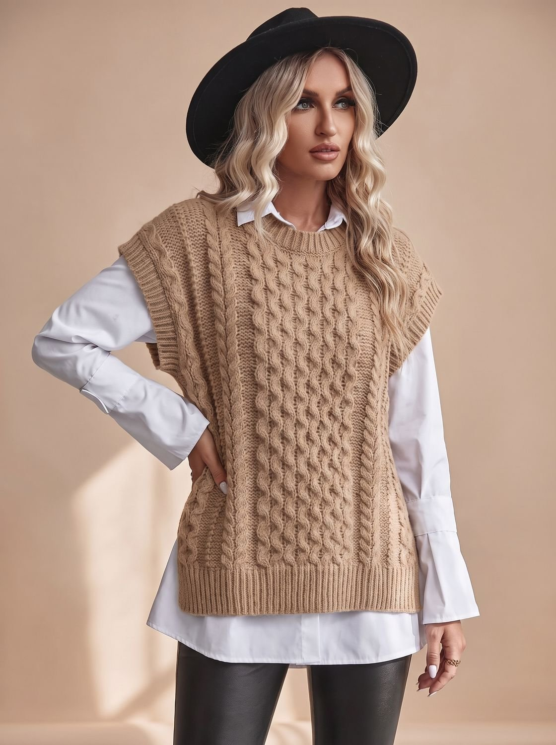 Pull sans manche femme en maille torsadée, coupe décontractée