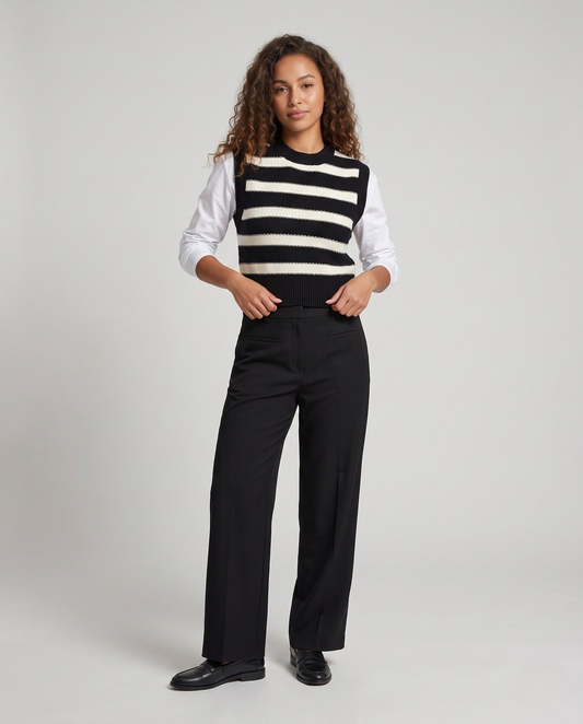 Pull sans manche femme rayé en maille fine, finitions côtelées