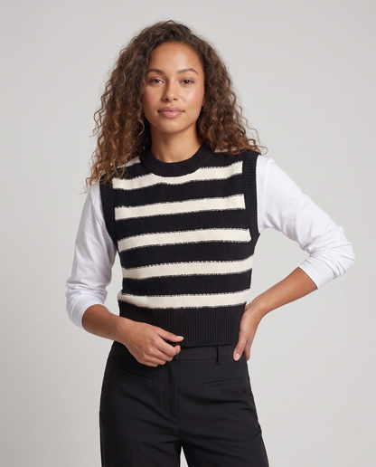 Pull sans manche femme rayé en maille fine, finitions côtelées