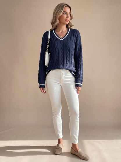 Pull torsadé femme col V à liserés rayés contrastants