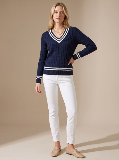 Pull torsadé femme col V à liserés rayés contrastants – Bleu marine