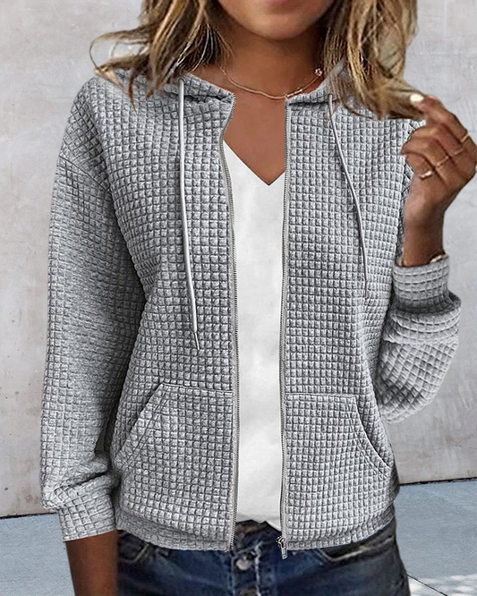 Pull zippé femme à capuche en maille gaufrée et poches – Gris