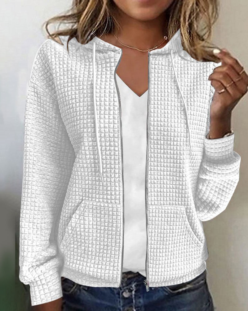 Pull zippé femme à capuche en maille gaufrée et poches – Blanc