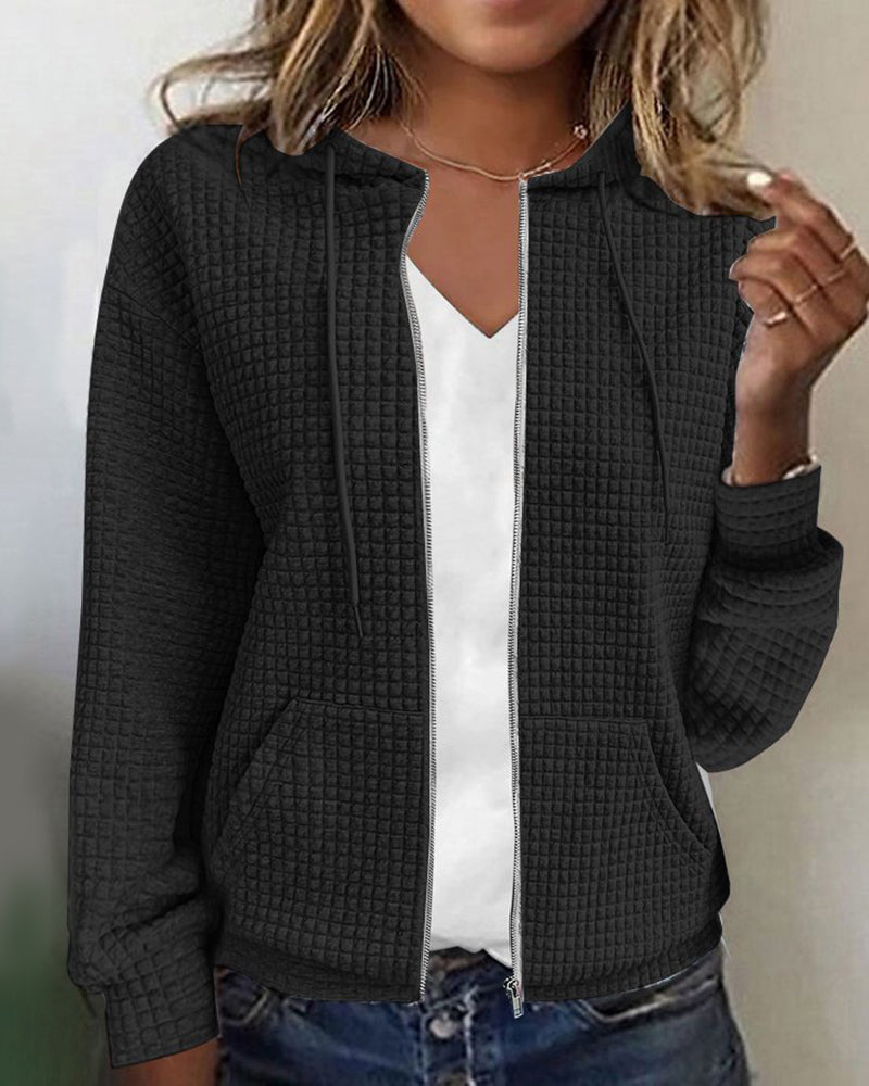 Pull zippé femme à capuche en maille gaufrée et poches – Noir