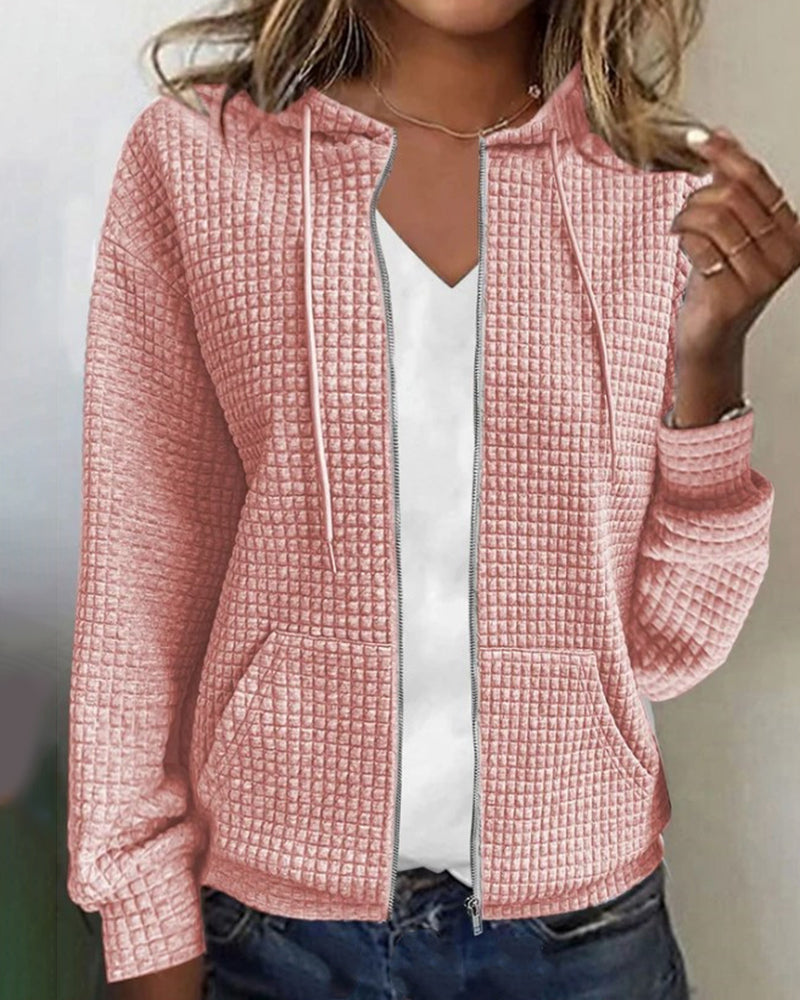 Pull zippé femme à capuche en maille gaufrée et poches – Rose