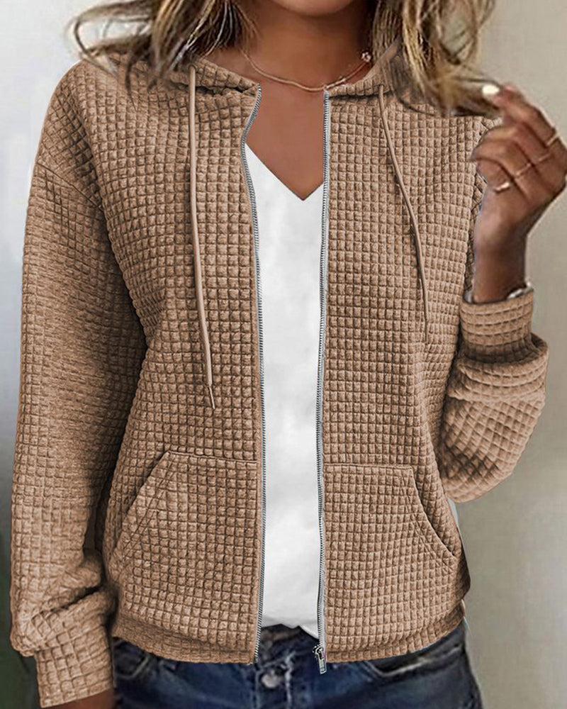 Pull zippé femme à capuche en maille gaufrée et poches – Kaki