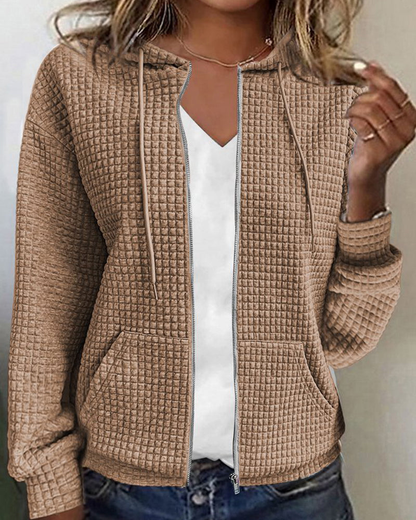 Pull zippé femme à capuche en maille gaufrée et poches – Kaki