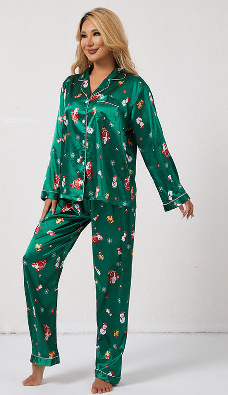 Pyjama de Noël femme effet satiné, chemise à revers et passepoils