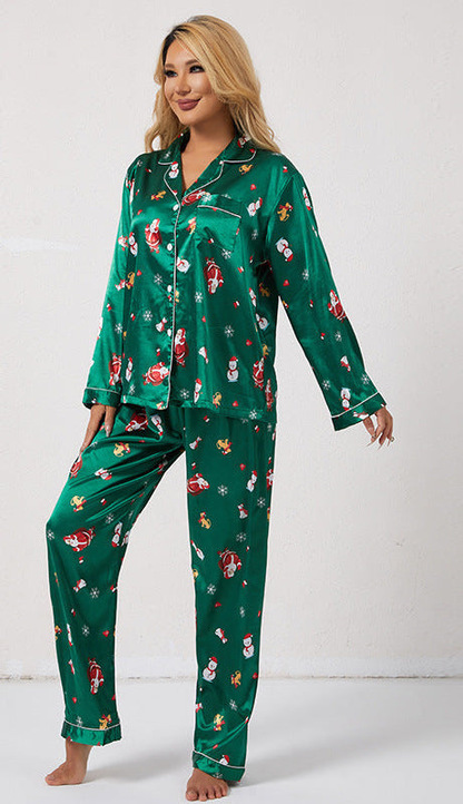 Pyjama de Noël femme effet satiné, chemise à revers et passepoils