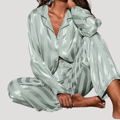 Pyjama femme boutonné à manches longues et pantalon assorti – Vert