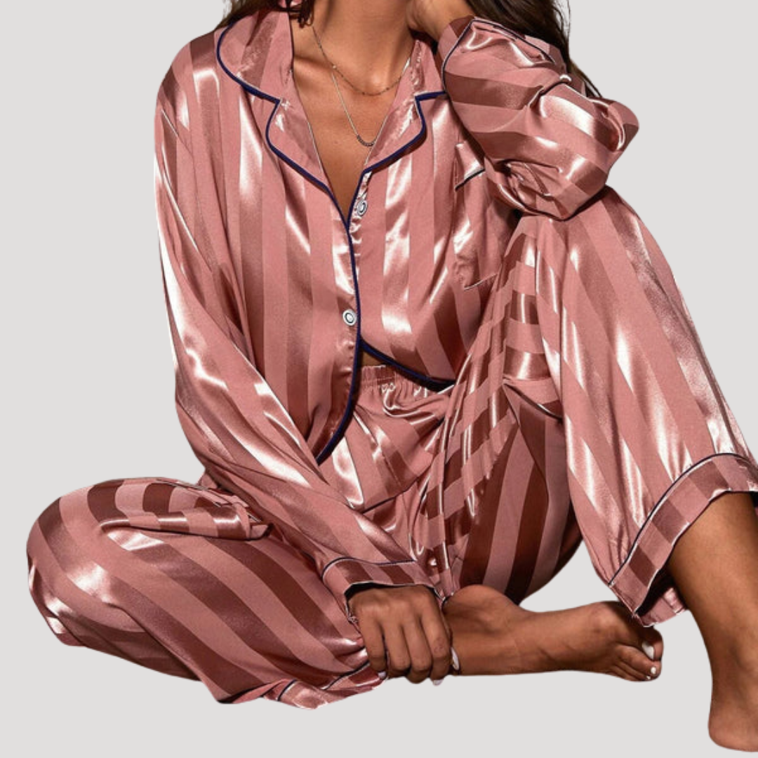 Pyjama femme boutonné à manches longues et pantalon assorti – Rose rouge