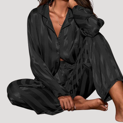 Pyjama femme boutonné à manches longues et pantalon assorti – Noir