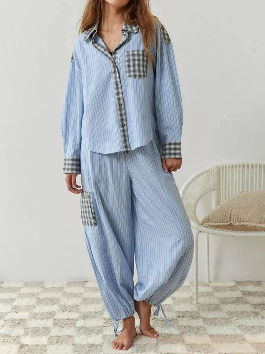 Pyjama femme douillet à haut ample et pantalon assorti – Bleu