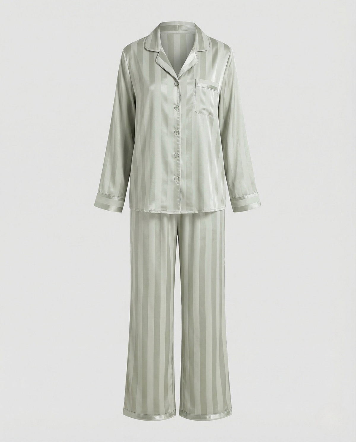 Pyjama femme effet satiné à chemise boutonnée et col cranté – Vert sauge