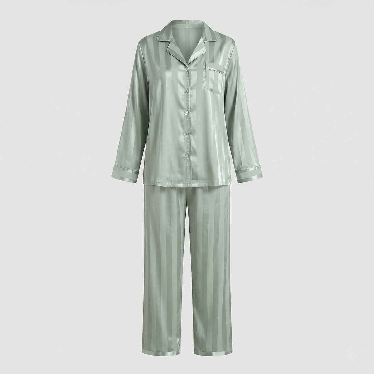 Pyjama femme effet satiné à chemise boutonnée et col cranté – Vert clair