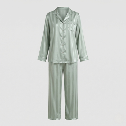 Pyjama femme effet satiné à chemise boutonnée et col cranté – Vert clair