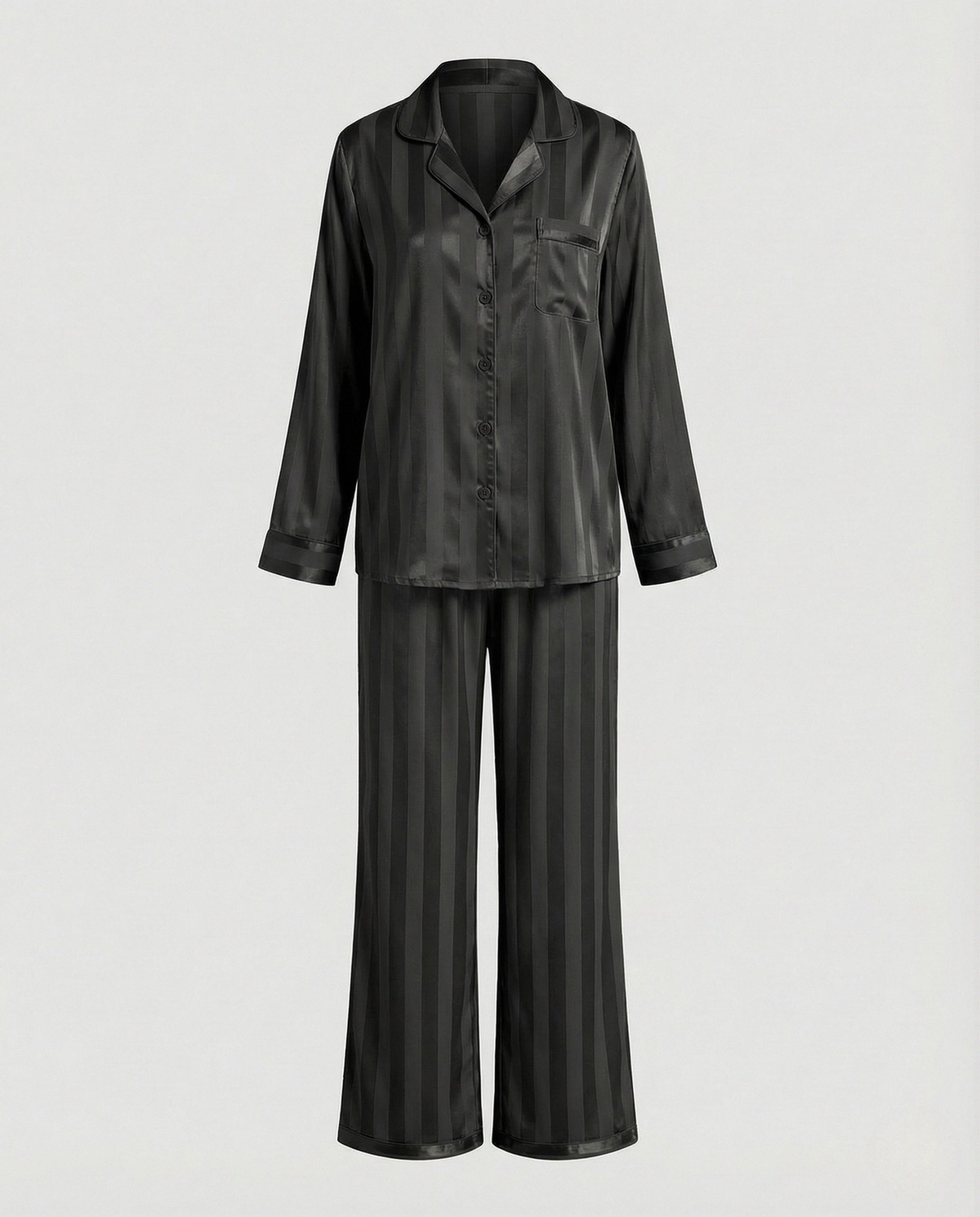 Pyjama femme effet satiné à chemise boutonnée et col cranté – Noir