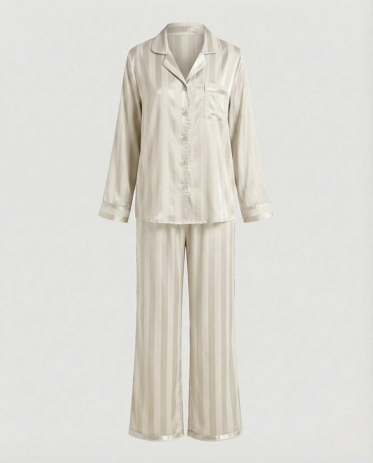Pyjama femme effet satiné à chemise boutonnée et col cranté – Crème