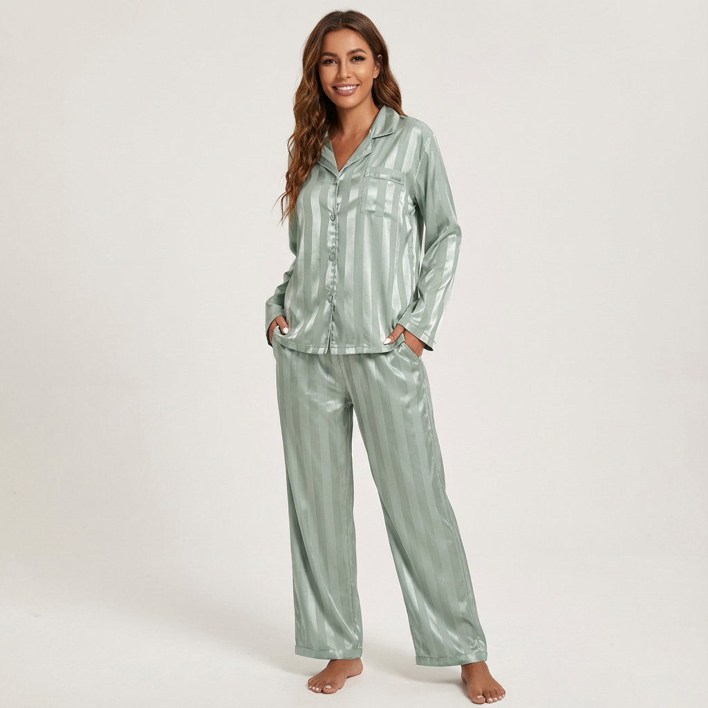 Pyjama femme rayé effet satiné avec poche poitrine