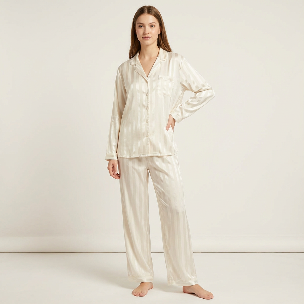 Pyjama femme rayé effet satiné avec poche poitrine – Crème