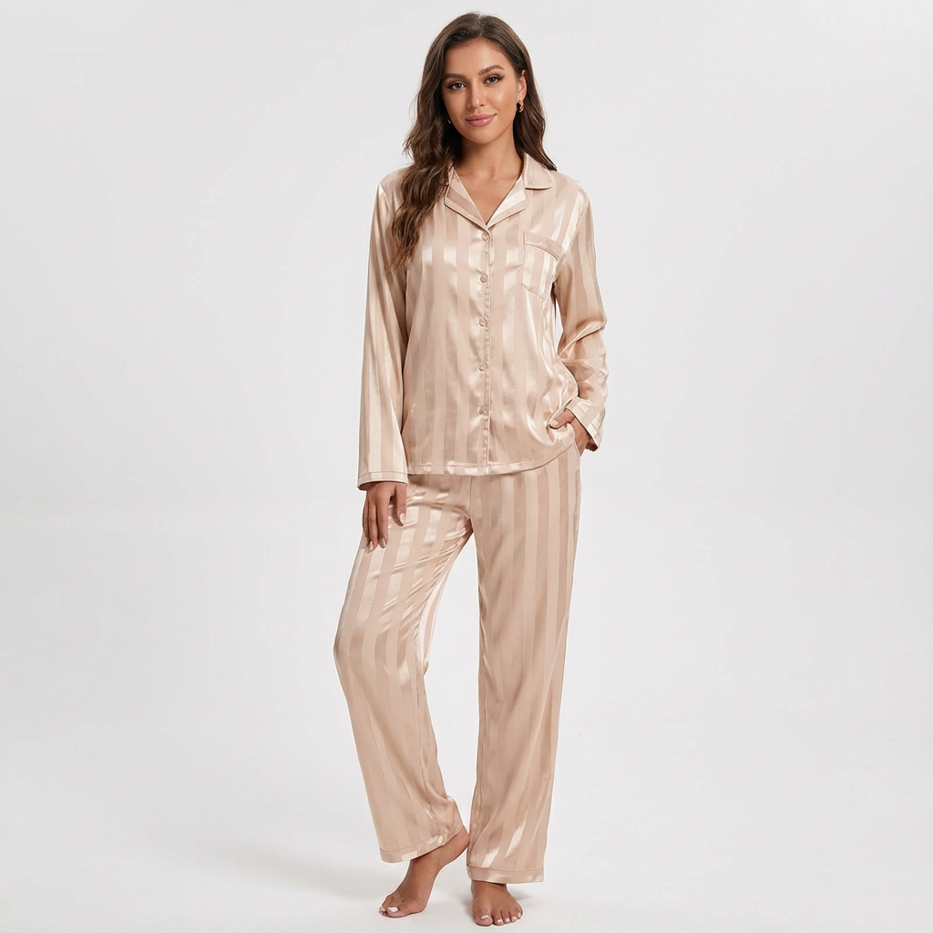Pyjama femme rayé effet satiné avec poche poitrine