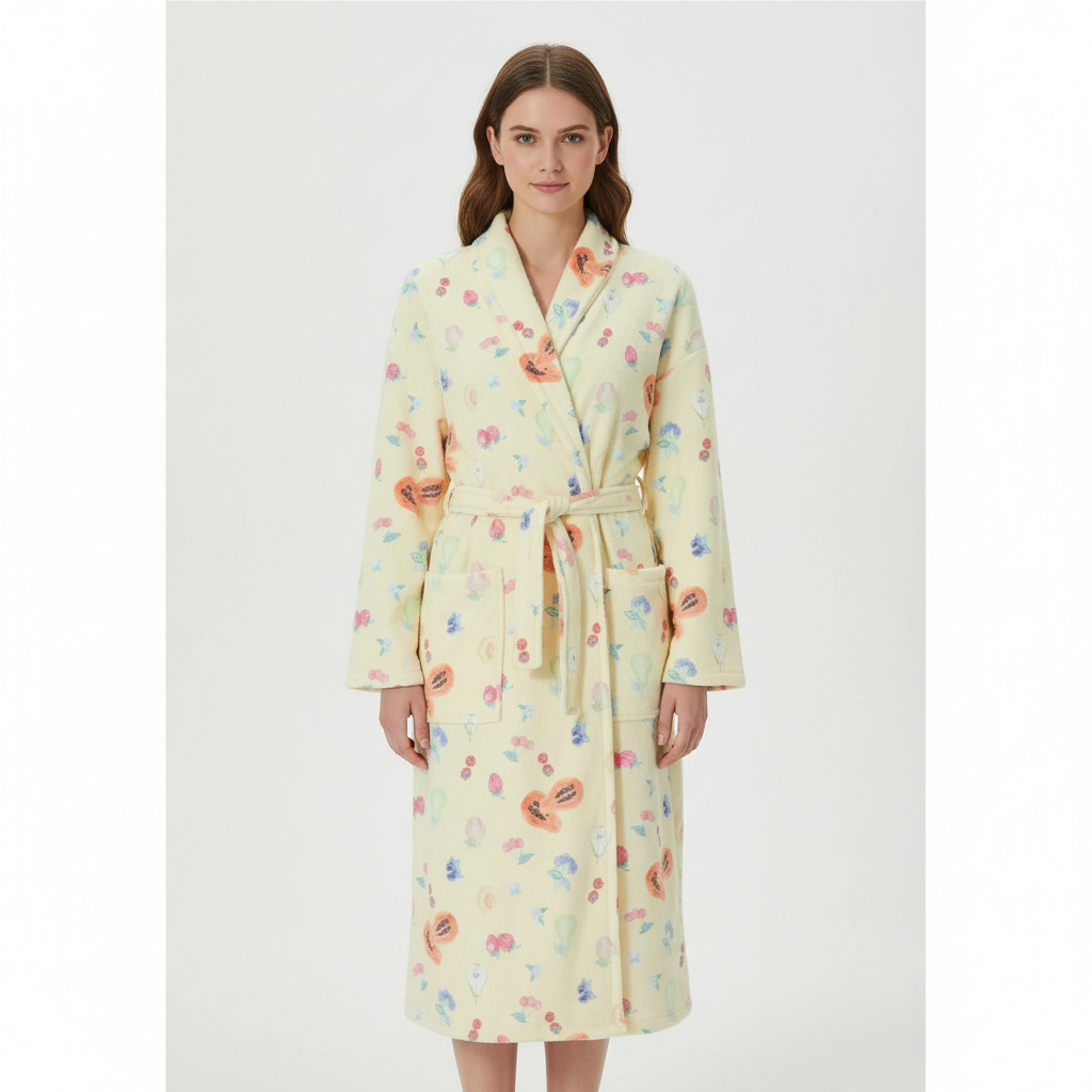 Robe de chambre femme à imprimé fleuri et coupe confortable – Jaune