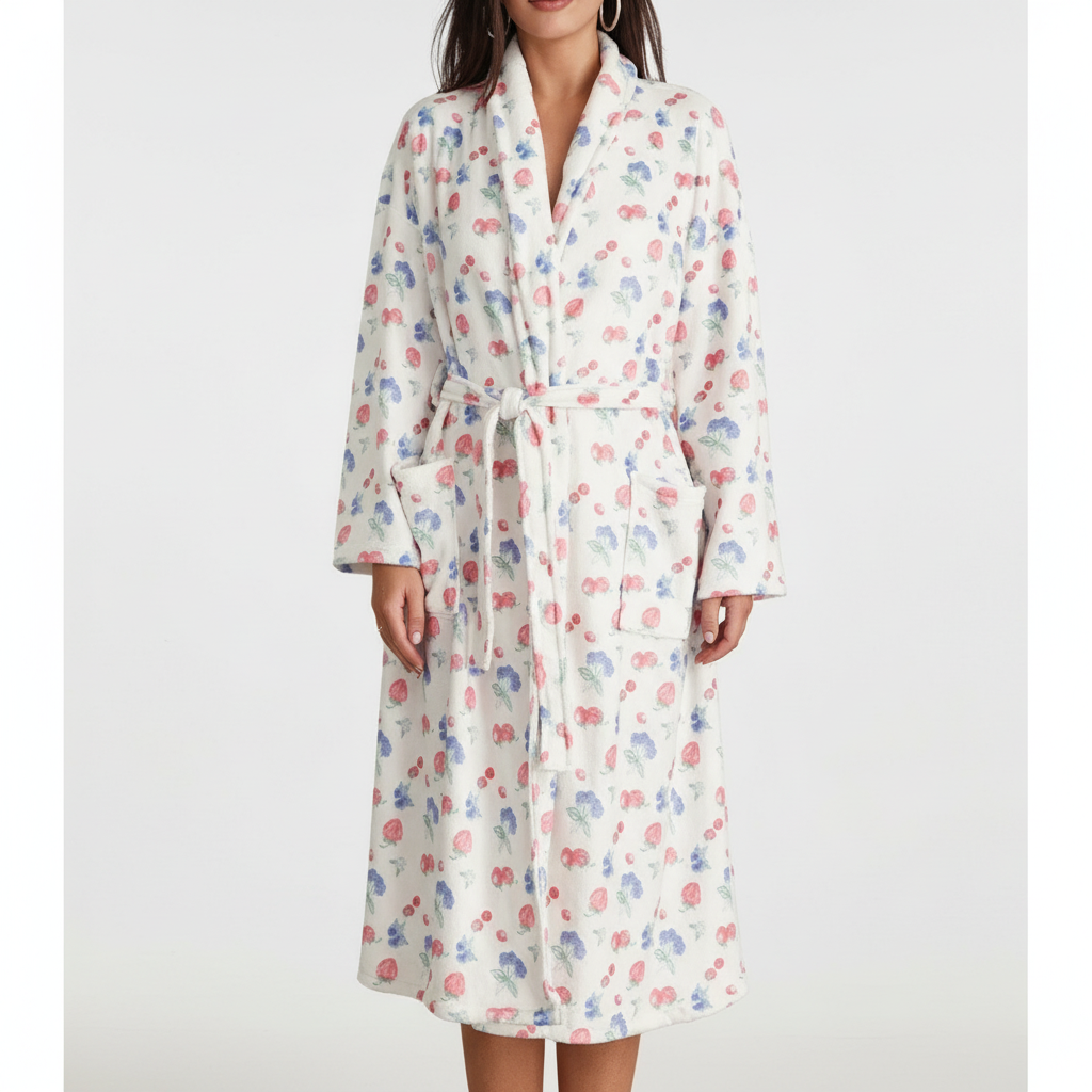 Robe de chambre femme à imprimé fleuri et coupe confortable – Blanc