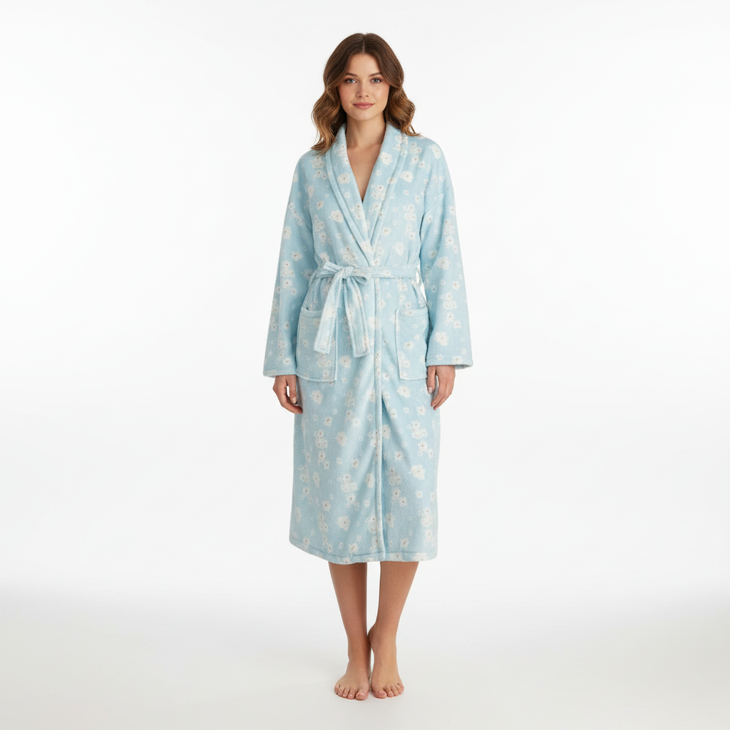 Robe de chambre femme à imprimé fleuri et coupe confortable – Bleu