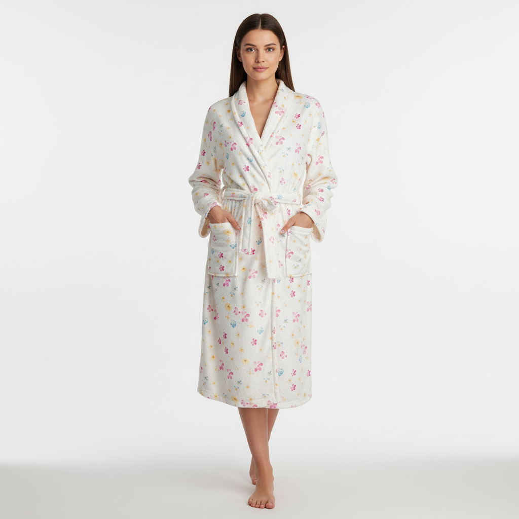 Robe de chambre femme à imprimé fleuri et coupe confortable – Crème