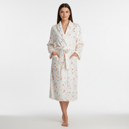 Robe de chambre femme à imprimé fleuri et coupe confortable – Crème