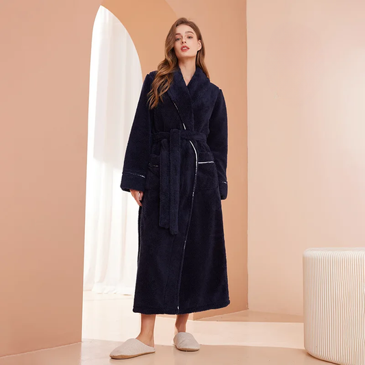 Robe de chambre femme en flanelle à col châle et ceinture – Bleu marine