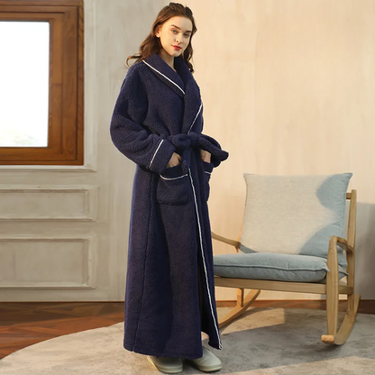 Robe de chambre femme en flanelle à col châle et ceinture