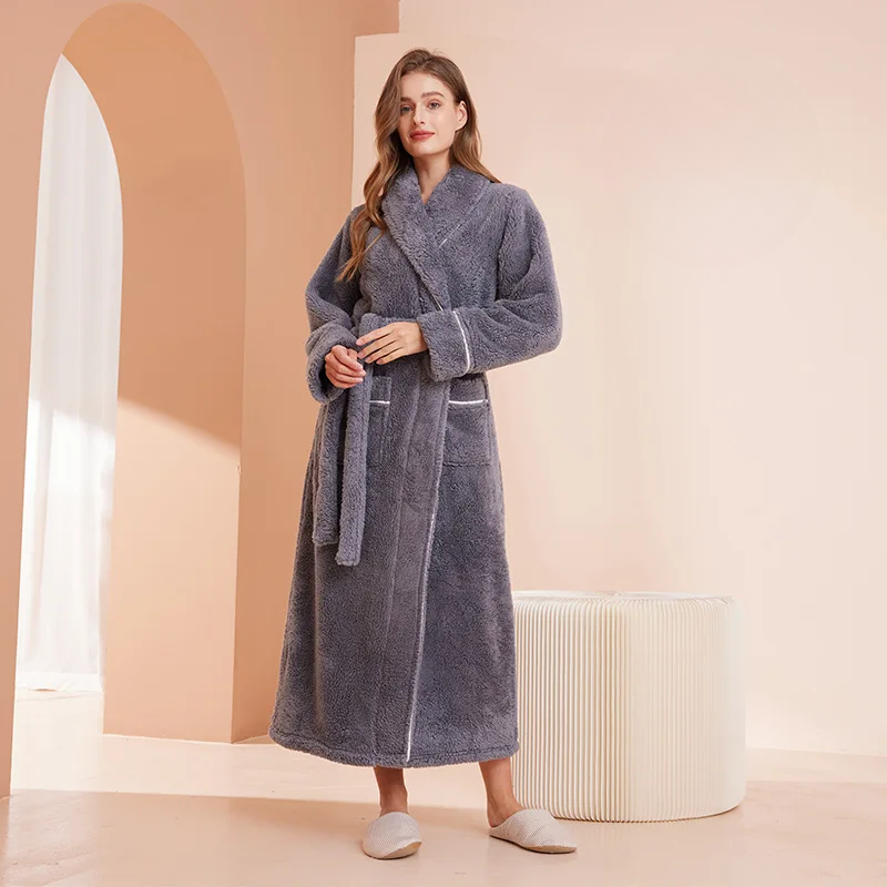 Robe de chambre femme en flanelle à col châle et ceinture