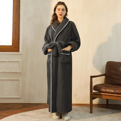 Robe de chambre femme en flanelle à col châle et ceinture – Gris foncé