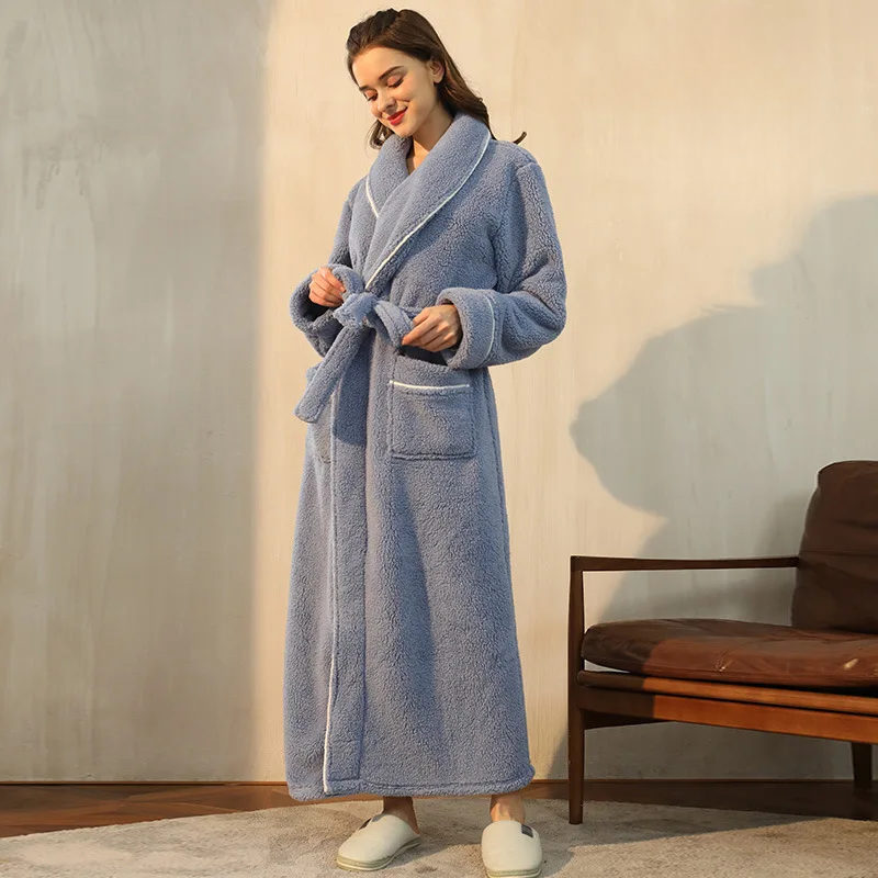 Robe de chambre femme en flanelle à col châle et ceinture – Bleu