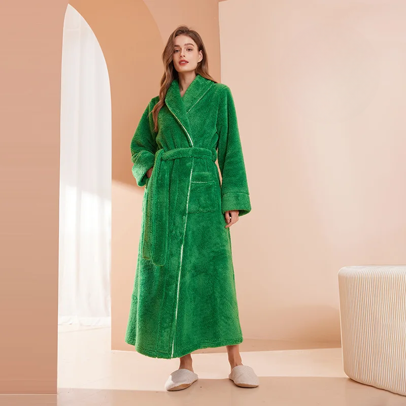 Robe de chambre femme en flanelle à col châle et ceinture – Vert