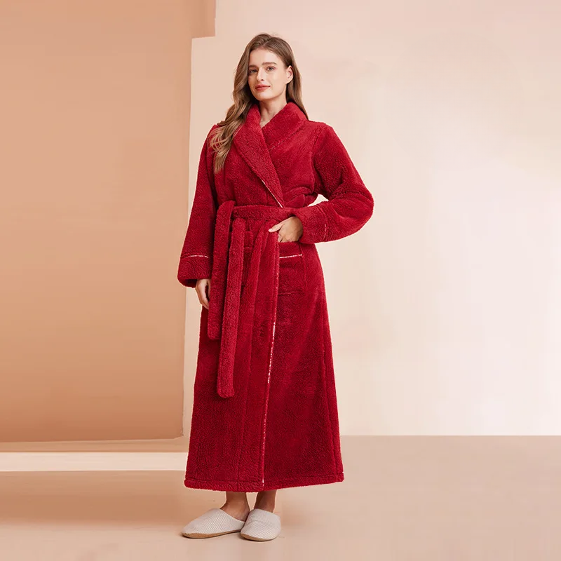 Robe de chambre femme en flanelle à col châle et ceinture – Rouge