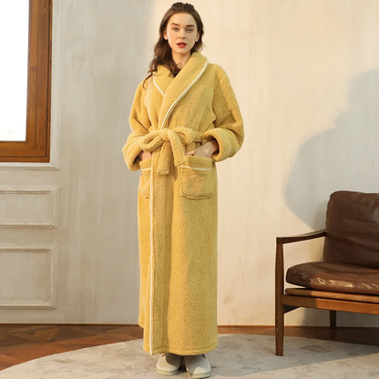 Robe de chambre femme en flanelle à col châle et ceinture – Moutarde