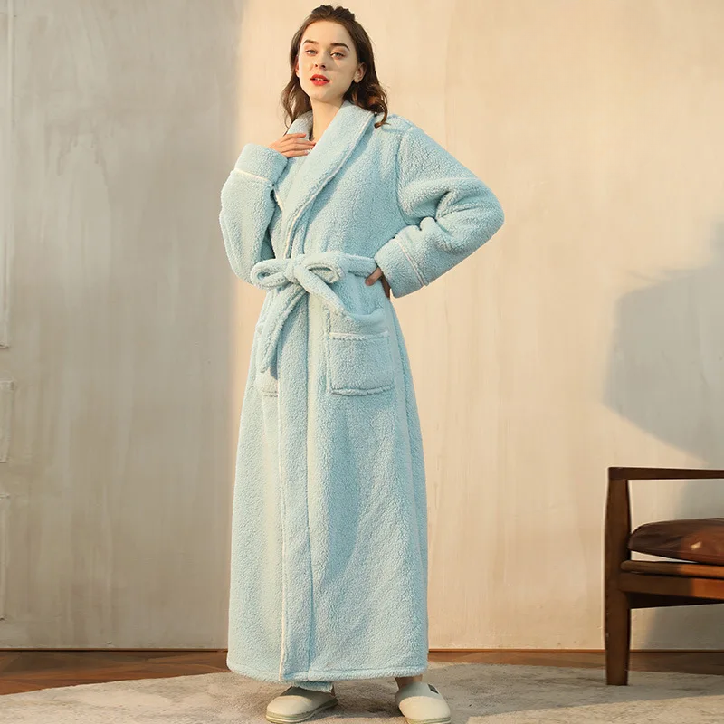Robe de chambre femme en flanelle à col châle et ceinture – Vert menthe