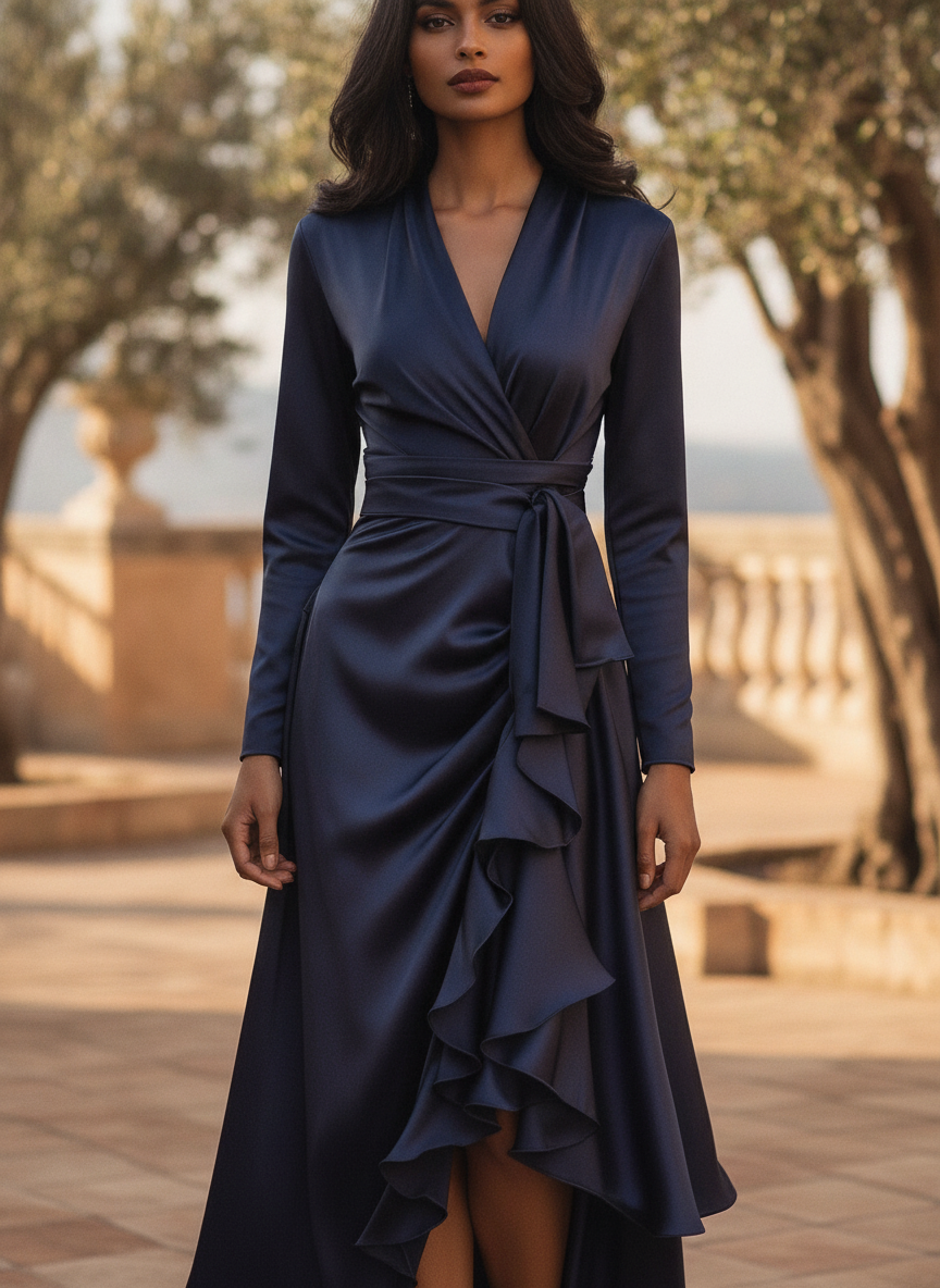 Robe de soirée femme longue satinée à volants et col V