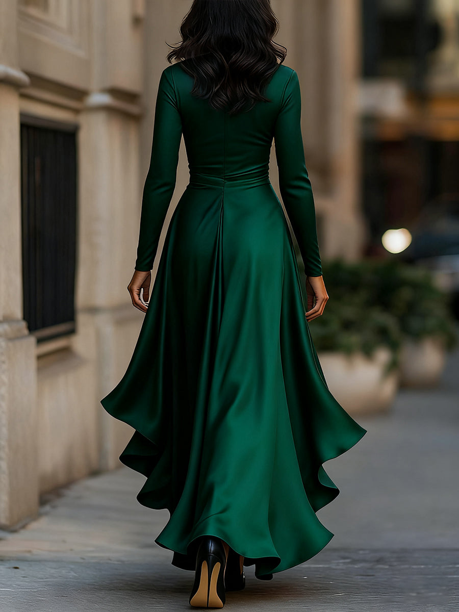 Robe de soirée femme longue satinée à volants et col V