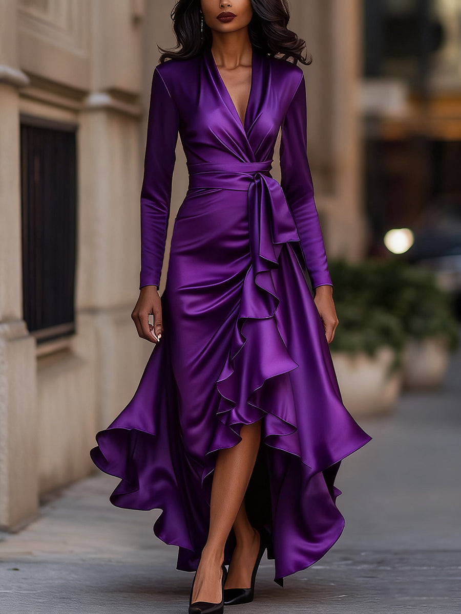 Robe de soirée femme longue satinée à volants et col V – Violet
