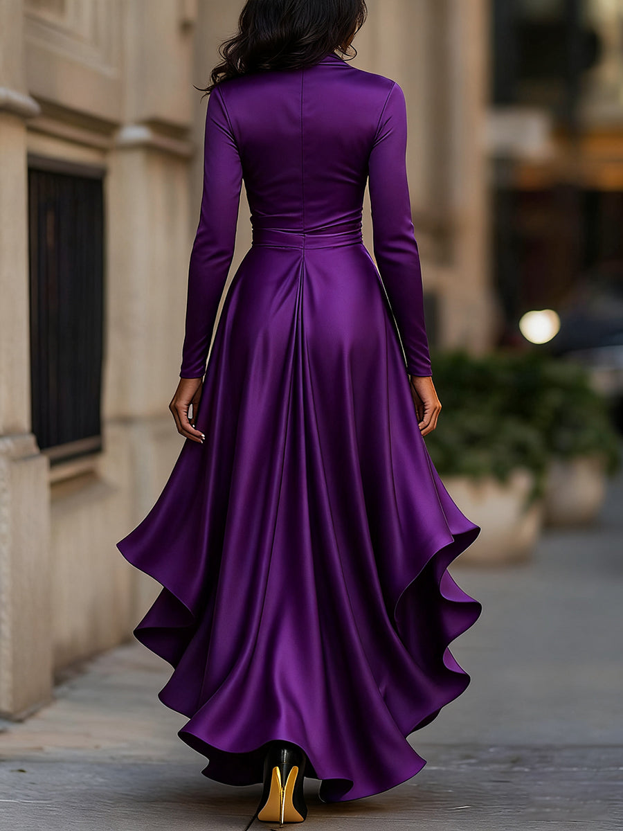 Robe de soirée femme longue satinée à volants et col V